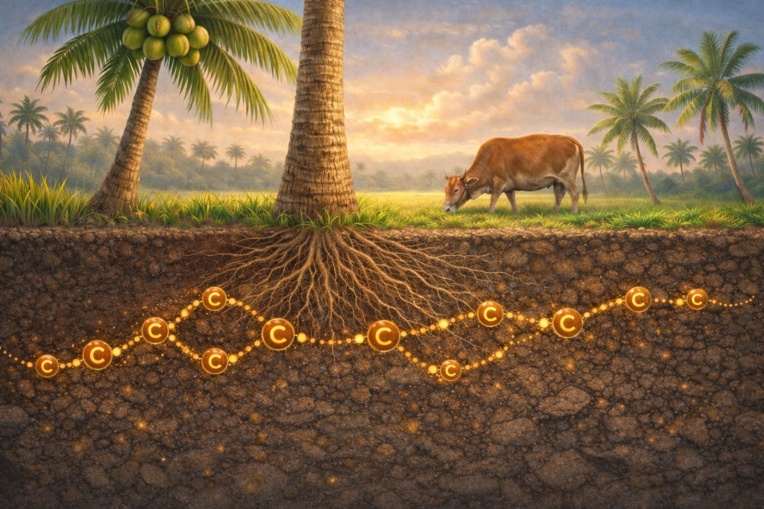 ココナッツの木と牛、土の中で鎖のようにつながる炭素