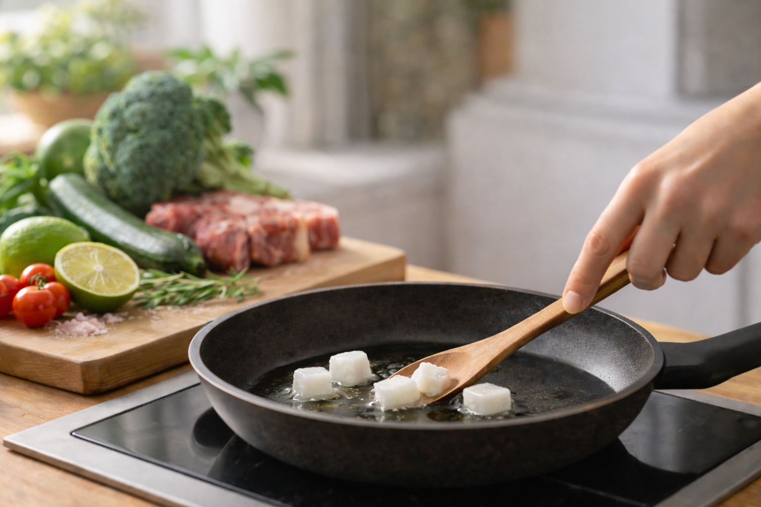 ココナッツオイルを注ぐキッチンの手元